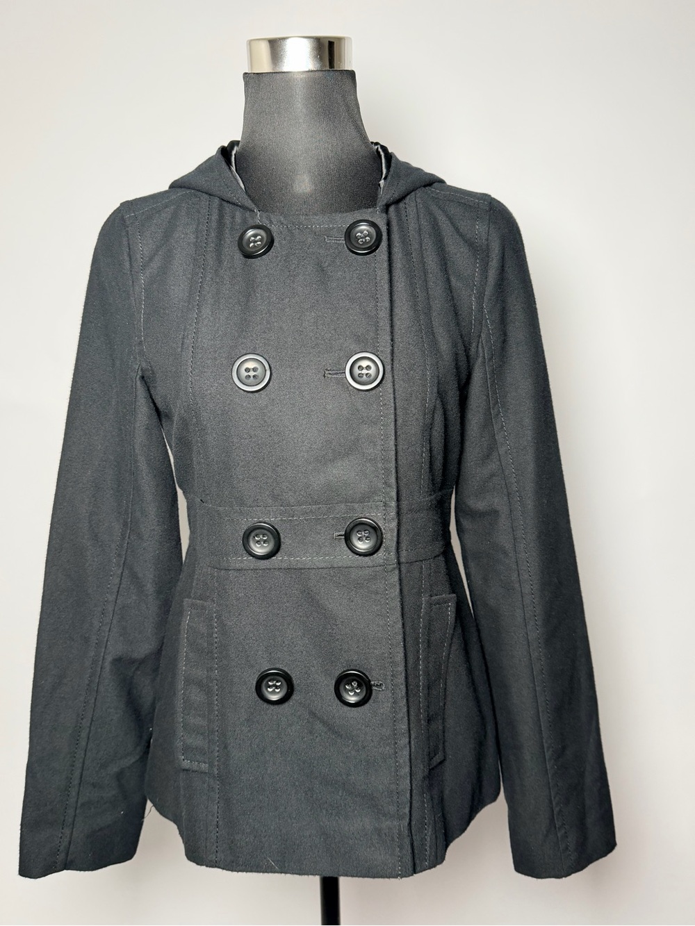 Rubbish M Black Hooded Double Breasted Peacoat Fitted Y2K Jacket